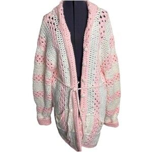 Vtg Hand Crochet Cardigan Sweater Size Lg Duster Pockets Pink White Cottagecore